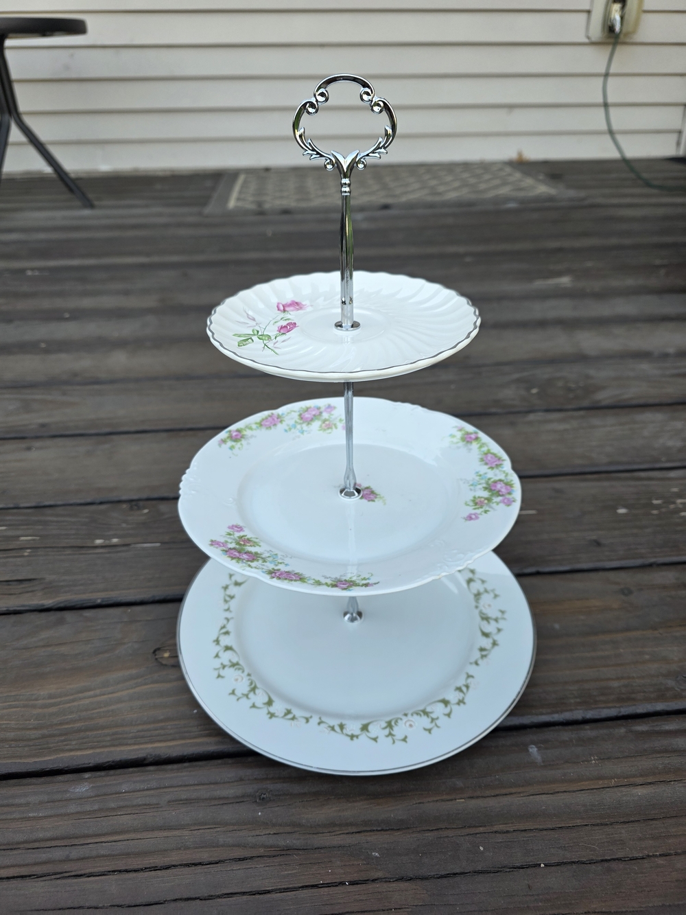 Three-Tier Porcelain Dessert Stand in White with Pink Floral Accents